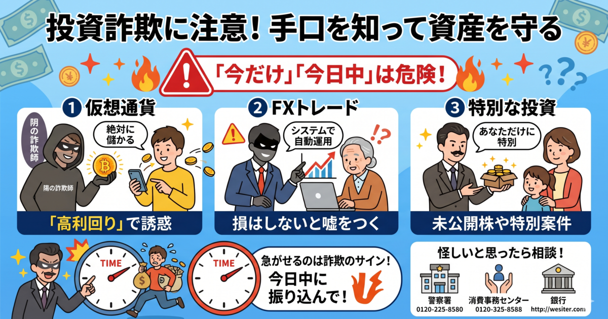 仮想通貨詐欺・FX詐欺など…投資詐欺の手口を徹底解説！「今だけ」「今日中」は詐欺の危険信号！