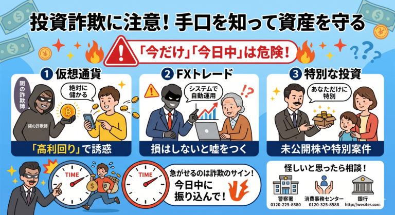 仮想通貨詐欺・FX詐欺など…投資詐欺の手口を徹底解説！「今だけ」「今日中」は詐欺の危険信号！