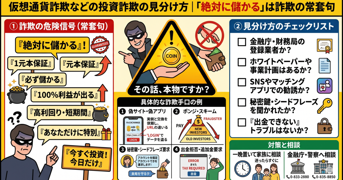 仮想通貨詐欺などの投資詐欺の見分け方｜「絶対に儲かる」は詐欺の常套句