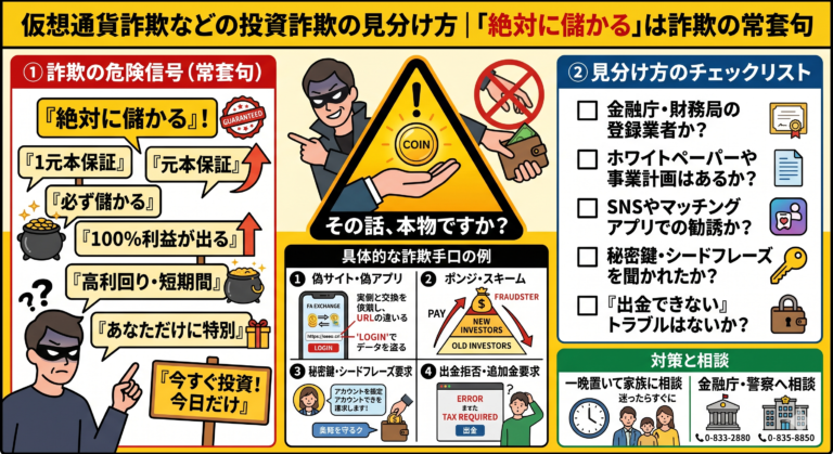 仮想通貨詐欺などの投資詐欺の見分け方｜「絶対に儲かる」は詐欺の常套句