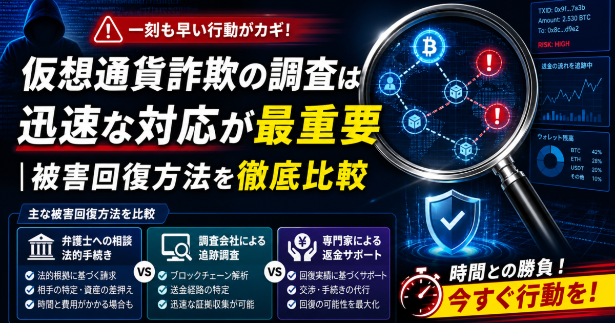 仮想通貨詐欺の調査は迅速な対応が最重要｜被害回復方法を徹底比較