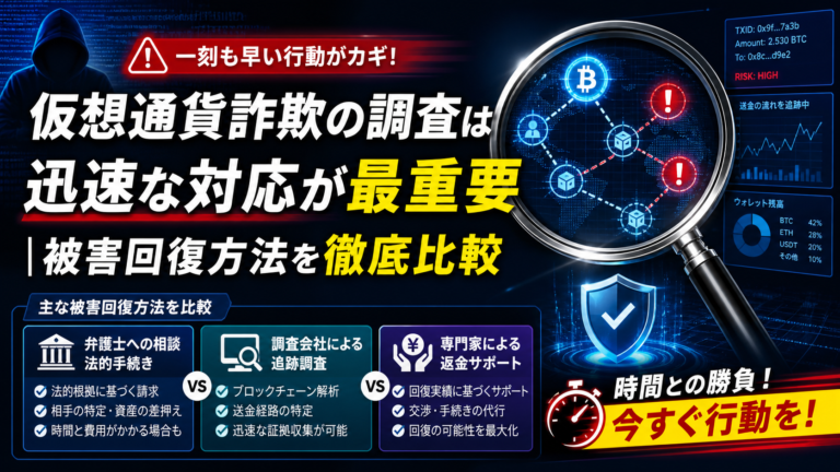 仮想通貨詐欺の調査は迅速な対応が最重要｜被害回復方法を徹底比較