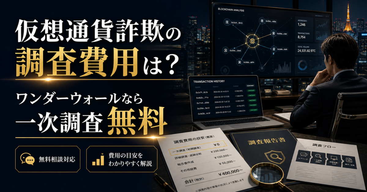 仮想通貨詐欺の調査費用は？ワンダーウォールなら一次調査無料