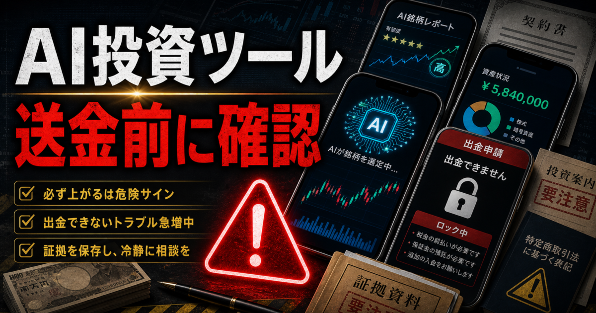 AI投資ツールやAI銘柄選定をうたう投資助言勧誘の危険サインをまとめた注意喚起アイキャッチ