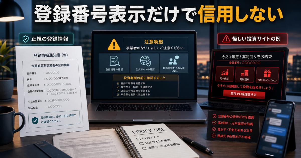 エアーズシー証券株式会社の商号や登録番号をかたる偽サイトとSNS勧誘の危険サインをまとめた注意喚起アイキャッチ