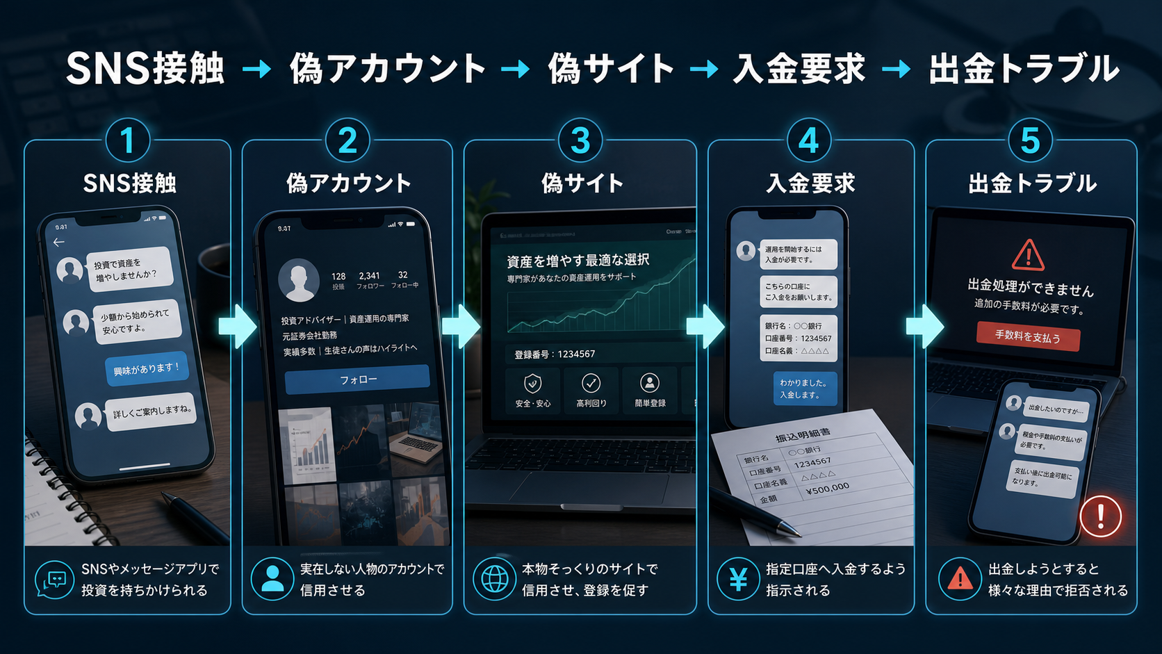 エアーズシー証券をかたる偽サイト・SNS勧誘の流れ