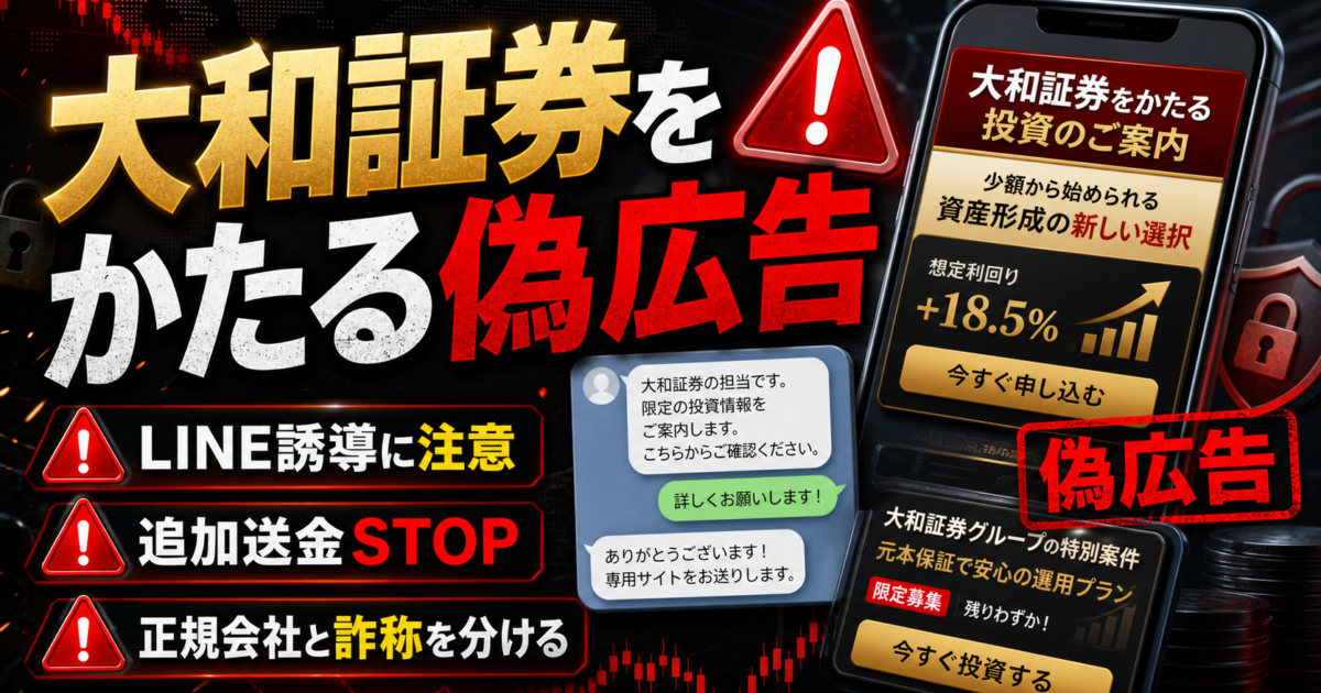 大和証券をかたる偽広告やSNS勧誘、LINE誘導、偽サイト、偽アプリの危険サインをまとめた注意喚起アイキャッチ