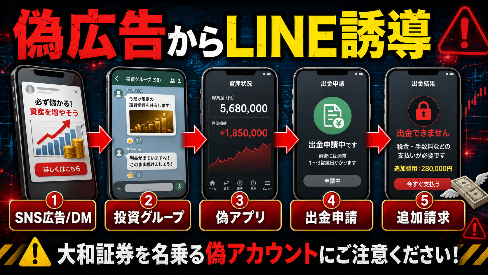 大和証券名をかたる偽広告からLINEや偽アプリへ誘導される流れ