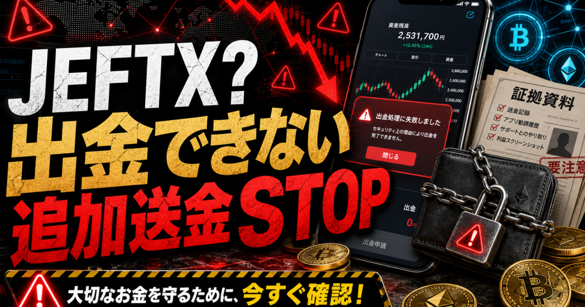 JEFTXの出金トラブルや追加送金要求の危険サインをまとめた注意喚起アイキャッチ