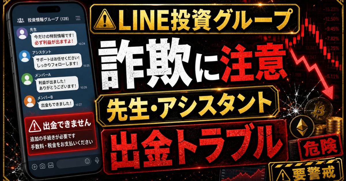 LINE投資グループの先生やアシスタントによる投資誘導と出金トラブルの危険サインをまとめた注意喚起アイキャッチ