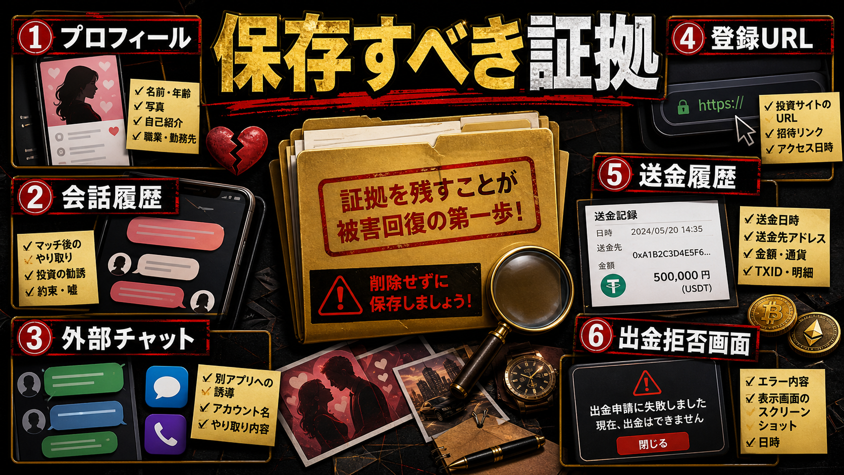 マッチングアプリ投資詐欺で保存すべき証拠