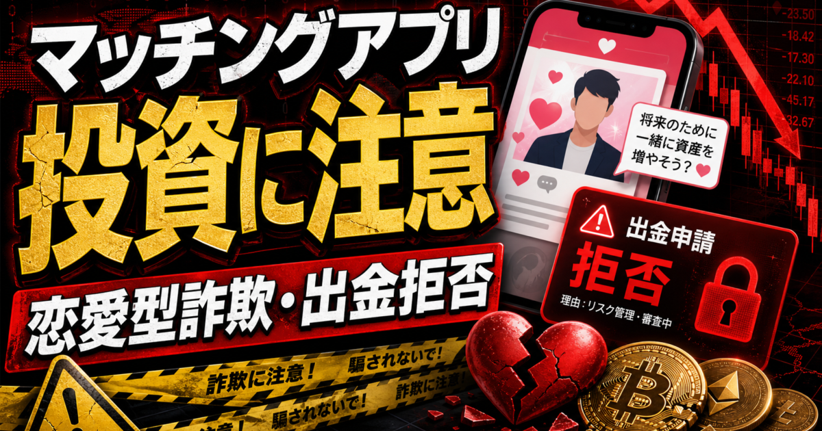 マッチングアプリで知り合った相手から投資に誘われ出金できない危険サインをまとめた注意喚起アイキャッチ