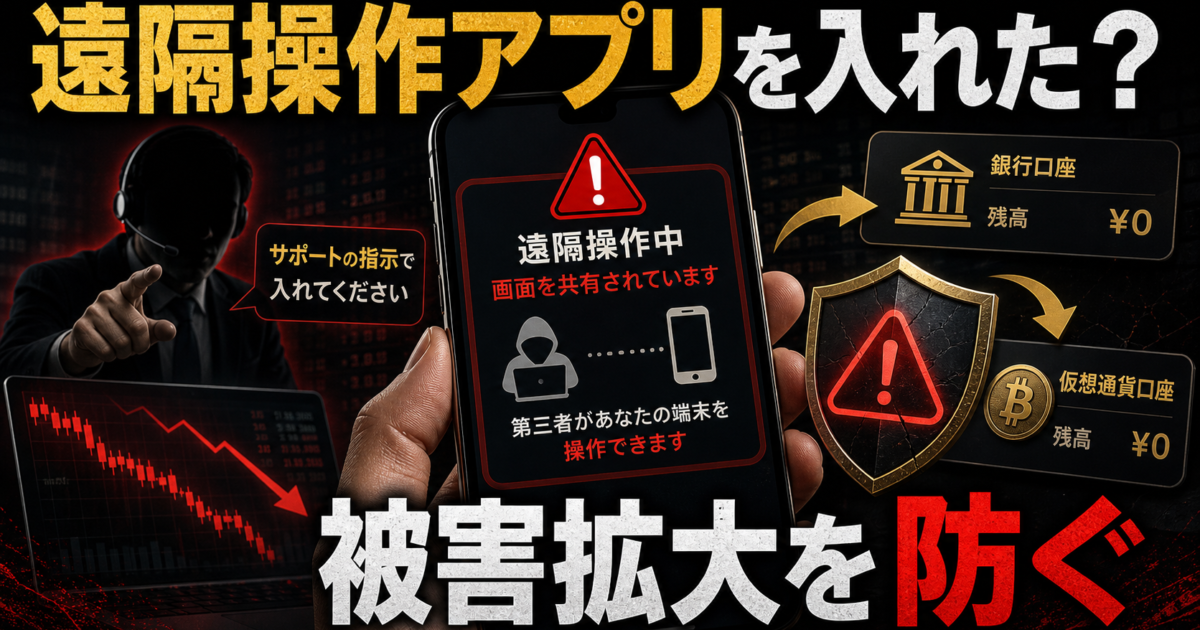 遠隔操作アプリを入れた投資詐欺に関する投資詐欺や出金トラブルの危険サインをまとめた注意喚起アイキャッチ