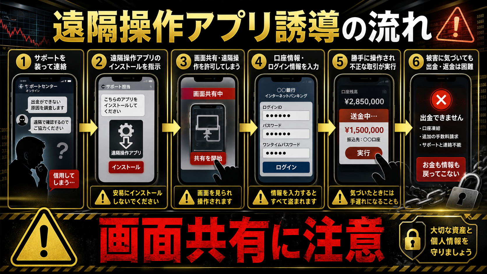 遠隔操作アプリを入れさせる投資詐欺の流れ