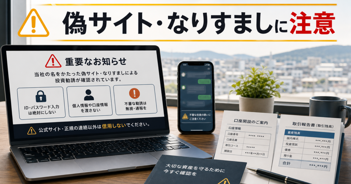 四国アライアンス証券を装った偽サイトやSNS投資勧誘の危険サインをまとめた注意喚起アイキャッチ