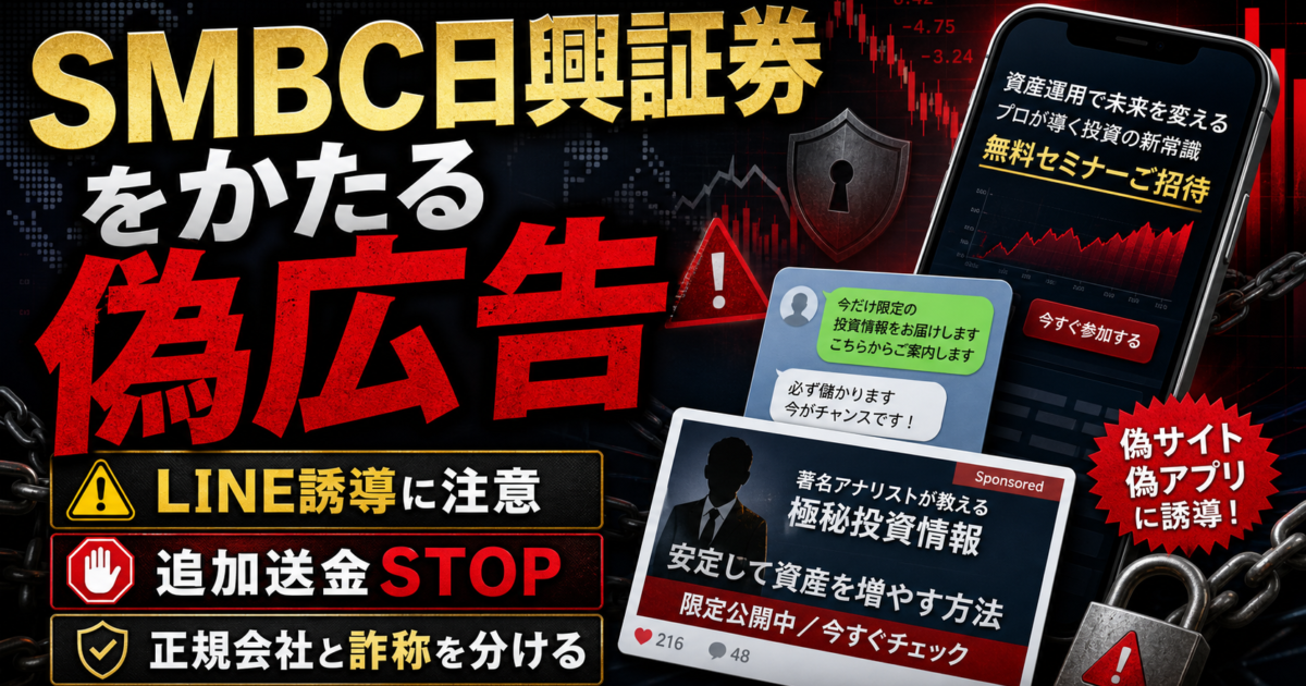 SMBC日興証券をかたる偽広告やSNS勧誘、LINE誘導、偽サイト、偽アプリの危険サインをまとめた注意喚起アイキャッチ