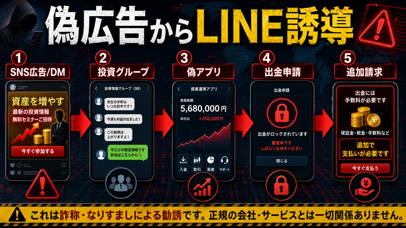 SMBC日興証券名をかたる偽広告からLINEや偽アプリへ誘導される流れ