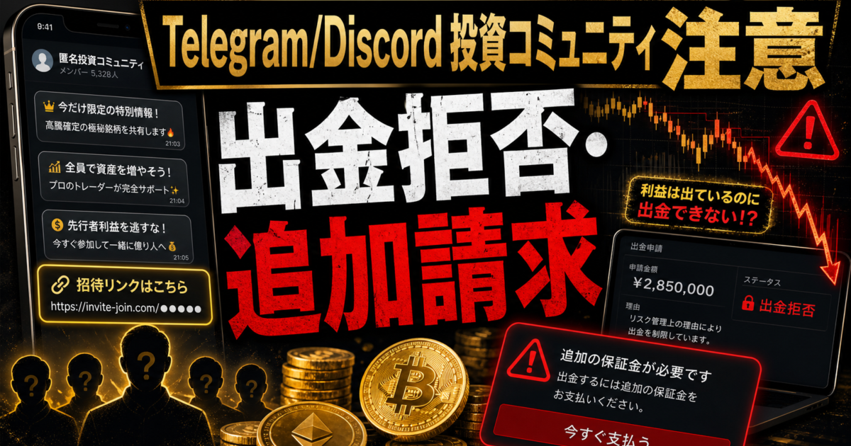 TelegramやDiscordの投資コミュニティから招待リンクや先生の指示で投資詐欺へ誘導され出金できない危険サインをまとめた注意喚起アイキャッチ
