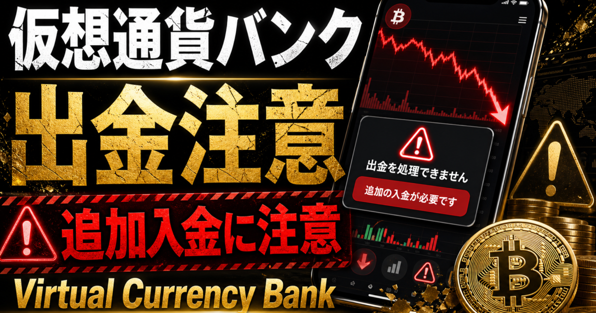 仮想通貨バンクで出金できない場合や追加入金を求められた場合の注意点をまとめたアイキャッチ