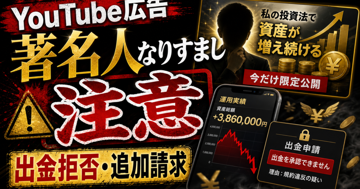 YouTube広告や動画広告から著名人なりすまし投資詐欺へ誘導され出金できない危険サインをまとめた注意喚起アイキャッチ