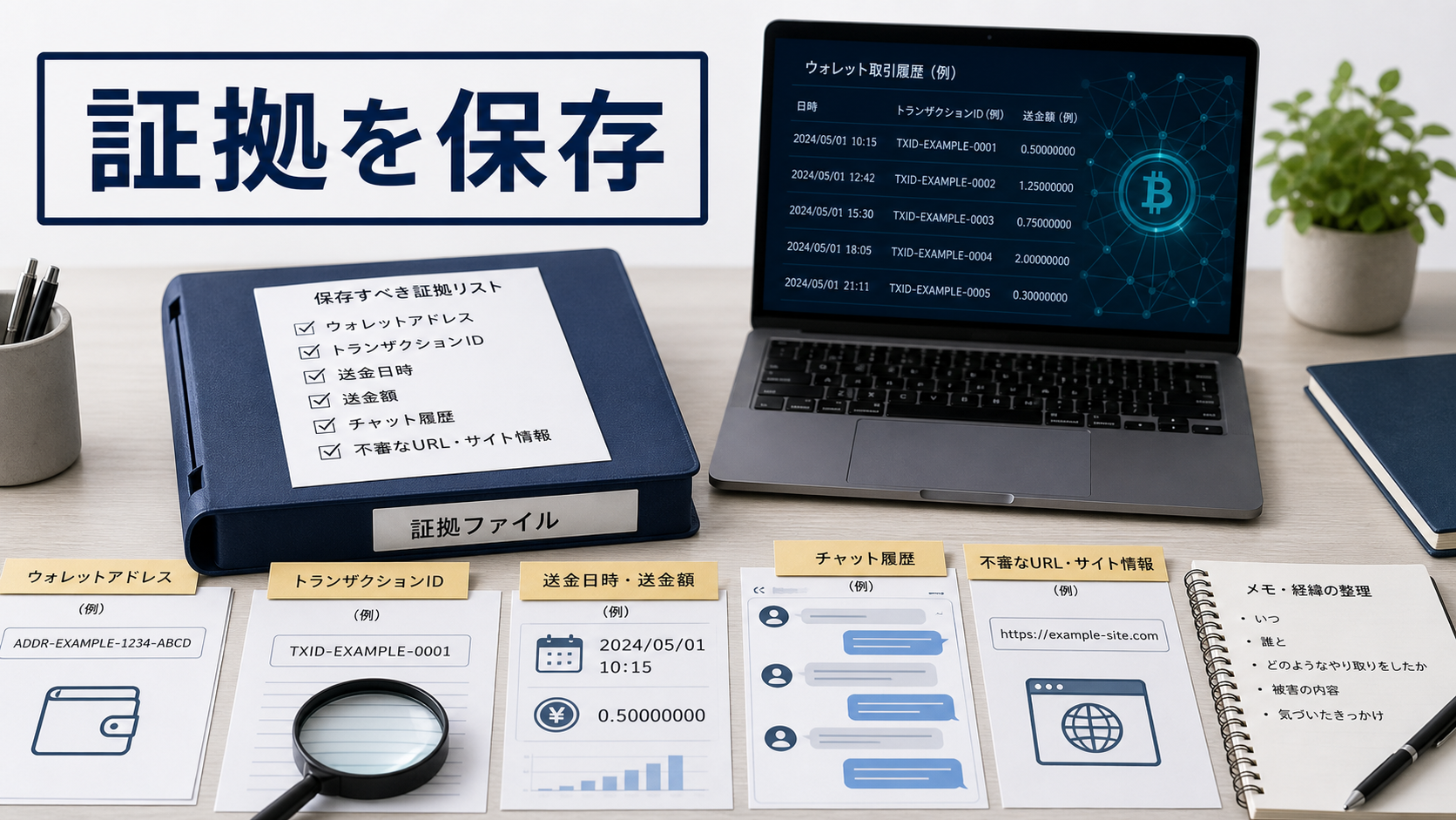 仮想通貨詐欺で保存したいウォレットアドレス、取引ID、送金履歴、チャット履歴