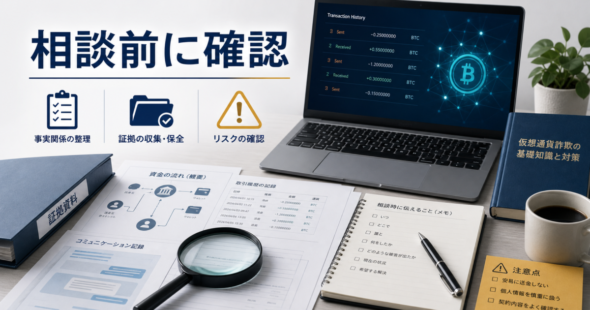 仮想通貨詐欺で調査会社に相談する前に返金保証や二次被害、証拠保存の注意点を確認するアイキャッチ