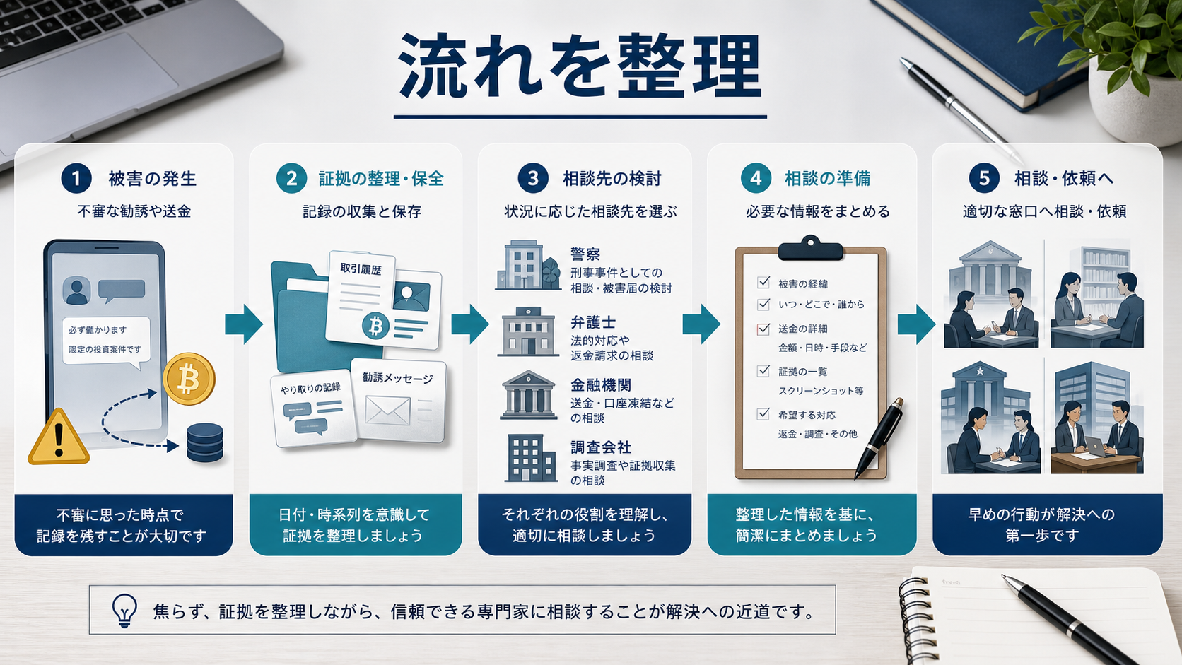 仮想通貨詐欺で被害発生から相談準備までを整理する流れ