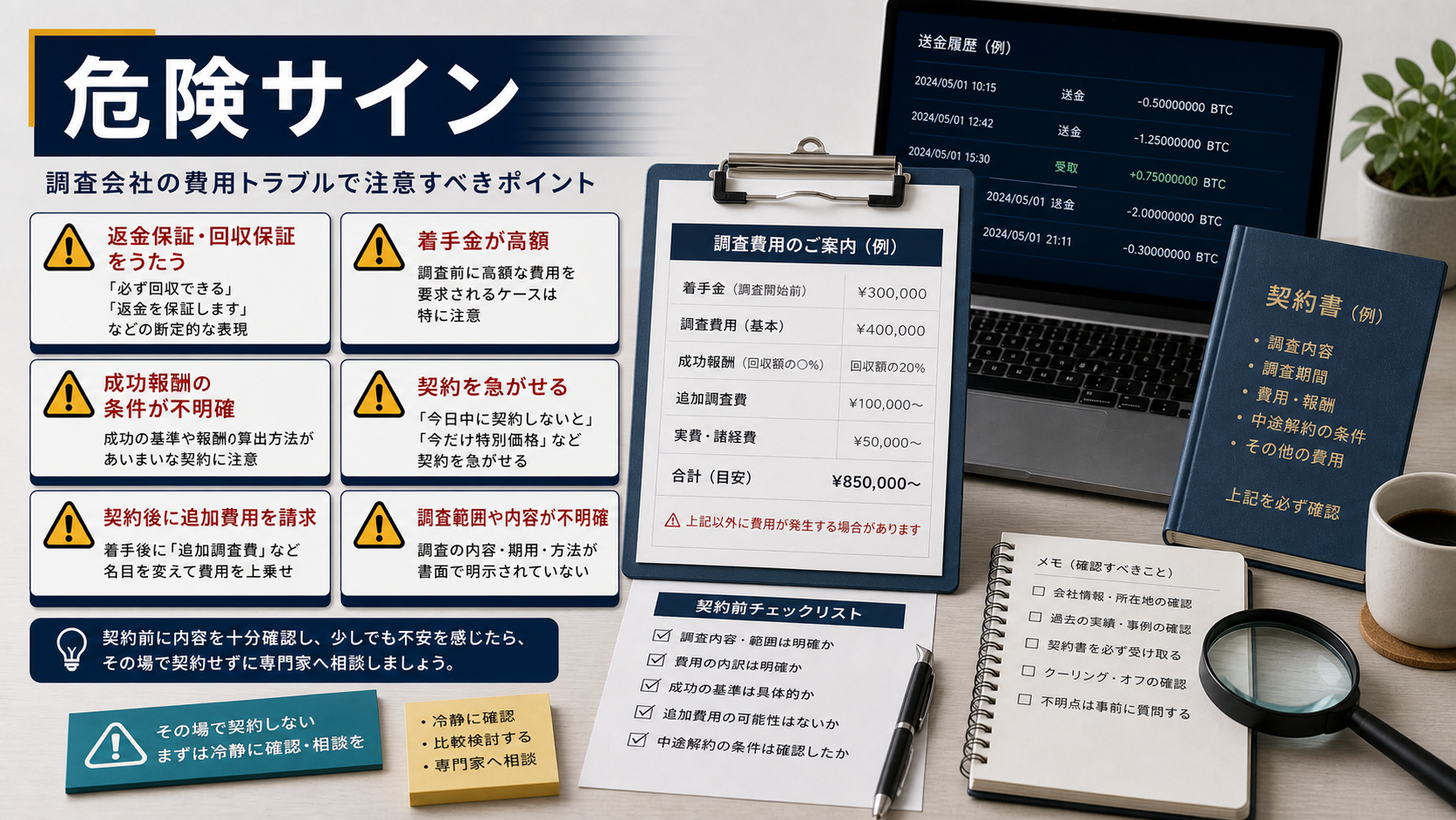 仮想通貨詐欺で調査会社の返金保証や追加費用に注意したい危険サイン