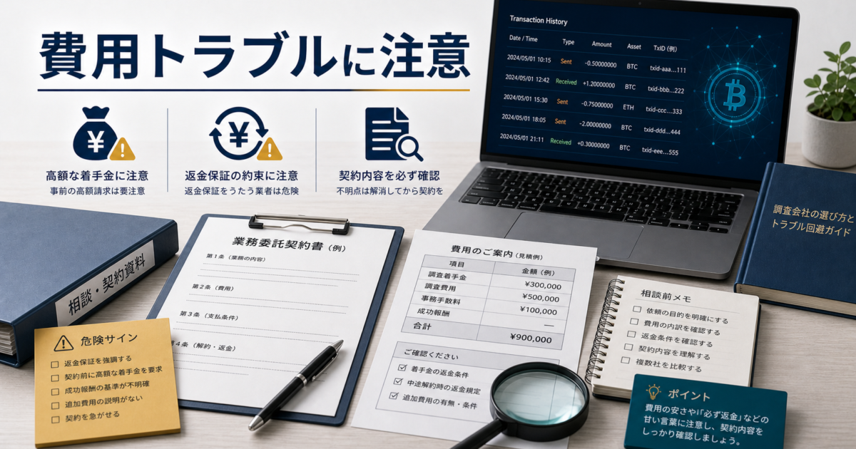 仮想通貨詐欺で調査会社に相談する時の返金保証、着手金、追加費用、契約トラブルの危険サインを示すアイキャッチ