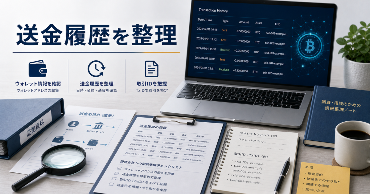 仮想通貨詐欺で調査会社が確認するウォレットアドレス、送金履歴、取引ID、チャット履歴の整理方法を示すアイキャッチ