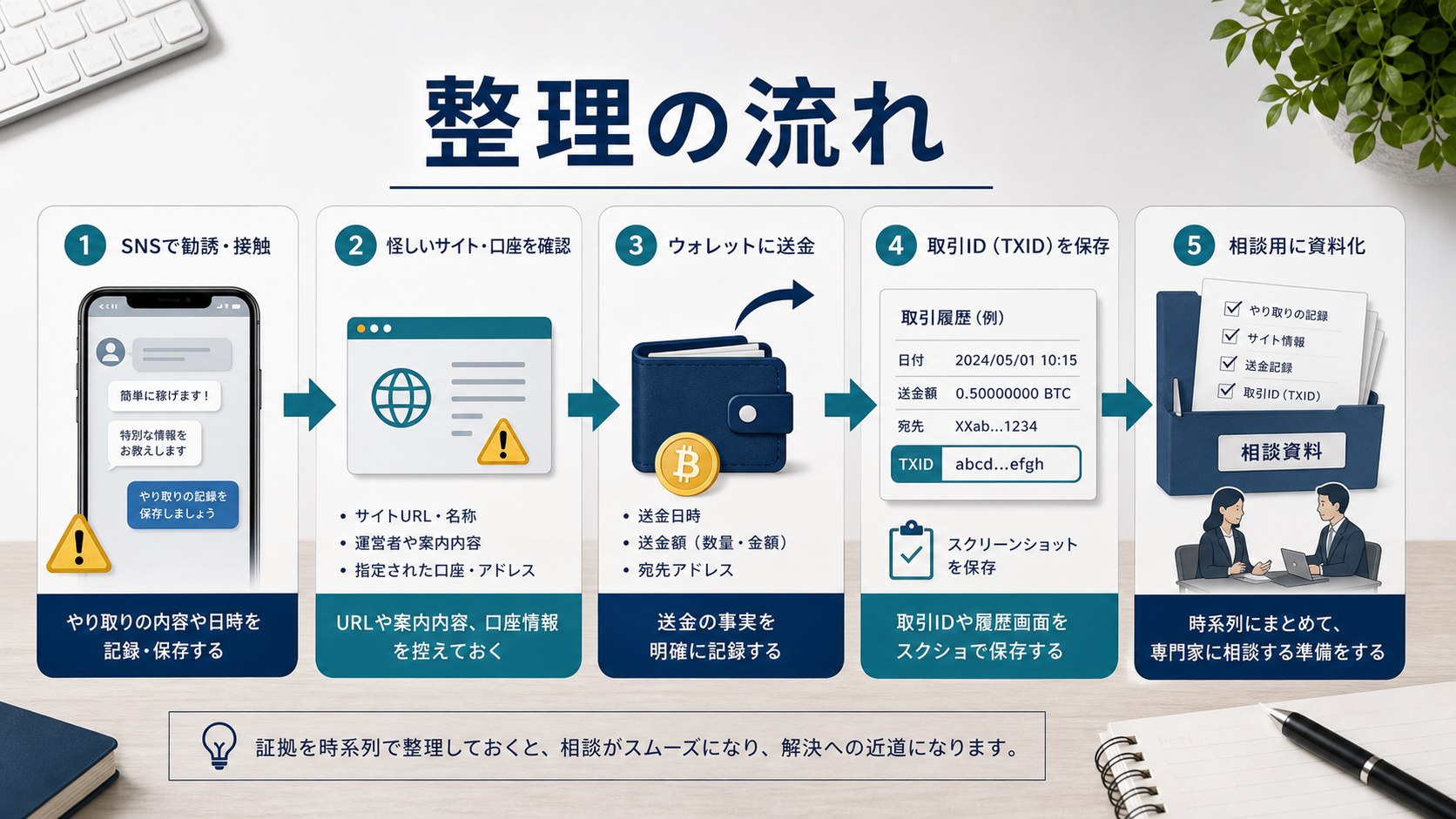 仮想通貨詐欺でSNS勧誘から送金履歴整理までを確認する流れ