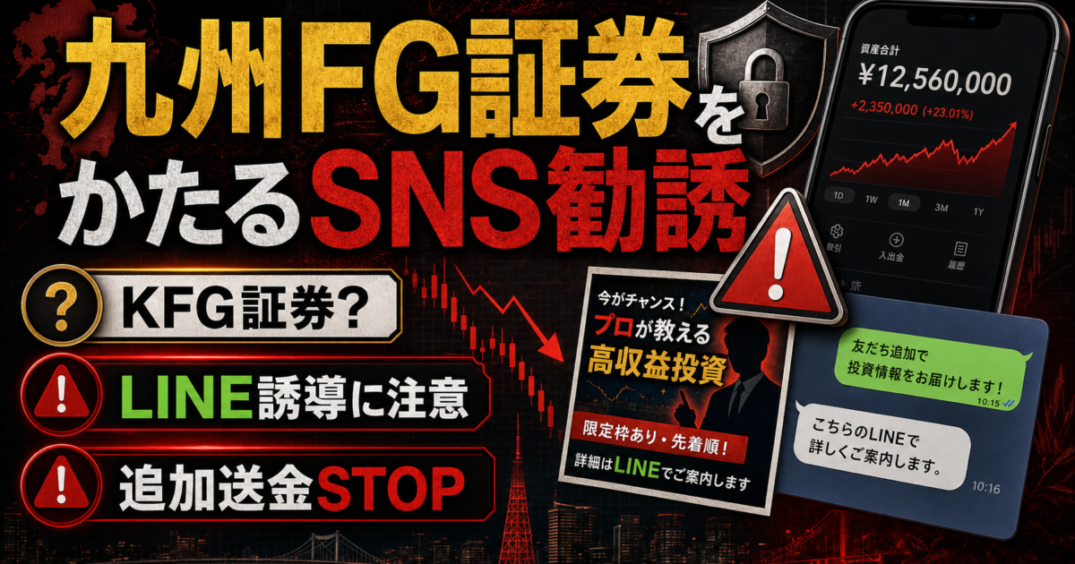 九州FG証券（KFG証券）をかたるSNS勧誘、社長名を名乗るLINE誘導、偽サイト、偽アプリの危険サインをまとめた注意喚起アイキャッチ