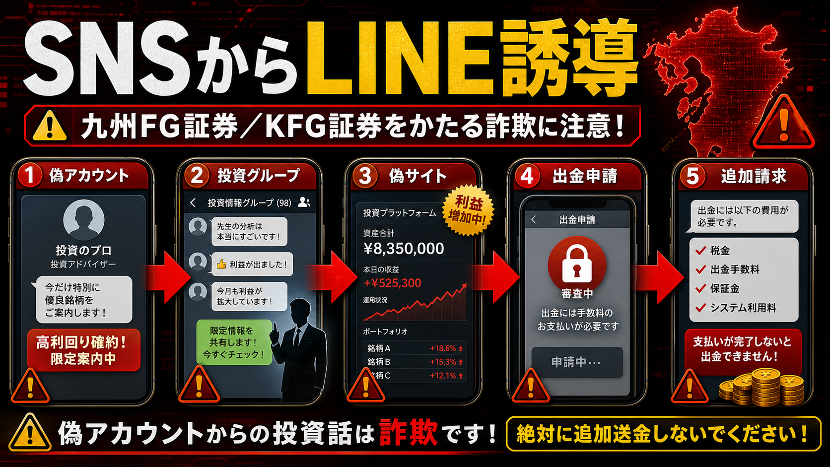 九州FG証券（KFG証券）名をかたるSNS勧誘からLINEや偽サイトへ誘導される流れ